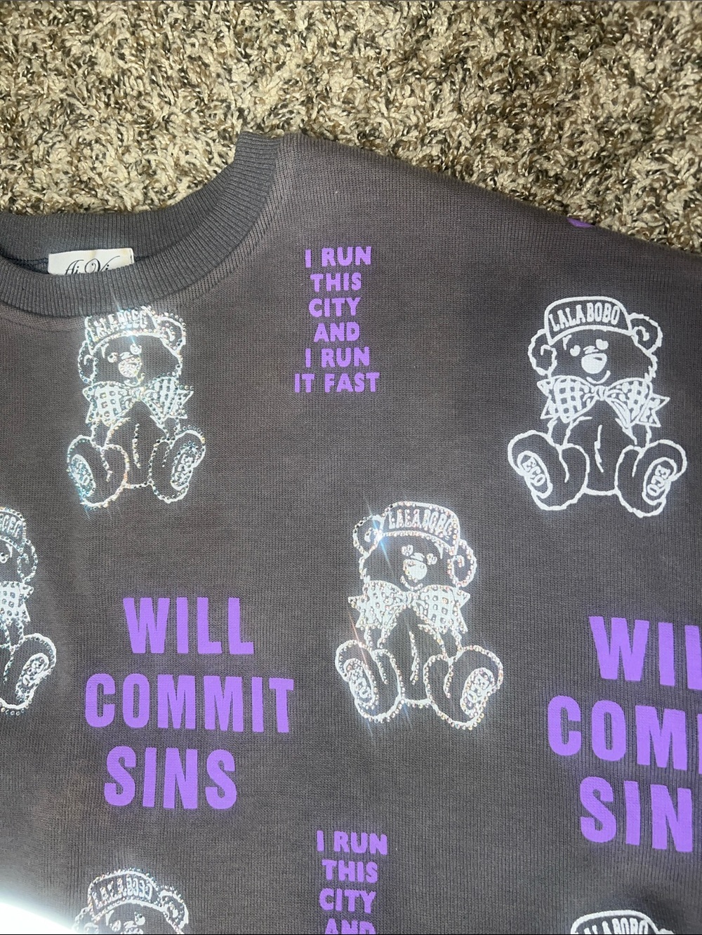 Charcoal Gray Graphic Pullover Sweatshirt with Purple Accents